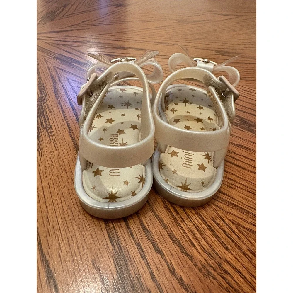 Mini Melissa Mar Sandal Stars Pearlescent White Gold Star Bow Jelly Sandals Sz 5